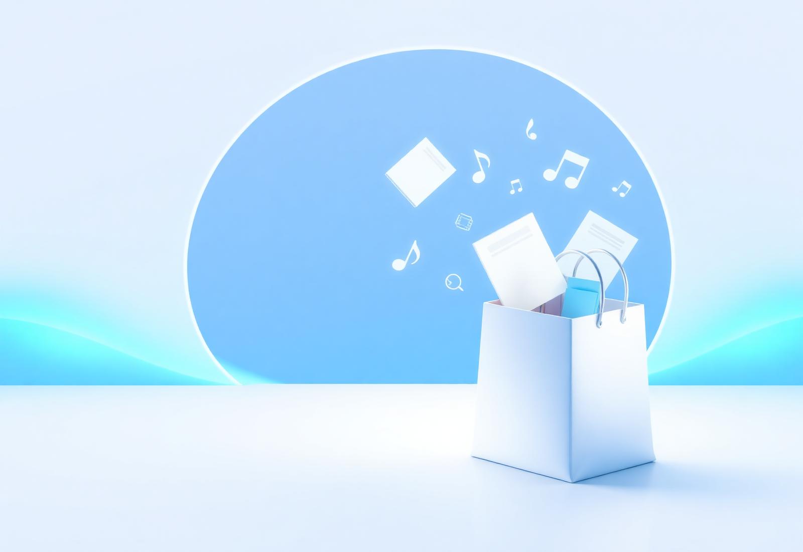 Digital products flowing into a shopping bag